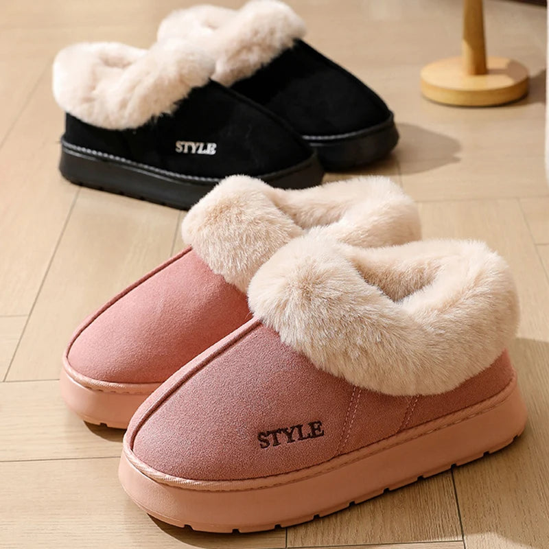 Anti-slip Thick Plush Snow Boots Women Faux Suede Platform Fur Winter Boots Woman Slip On Warm Cotton Padded Shoes