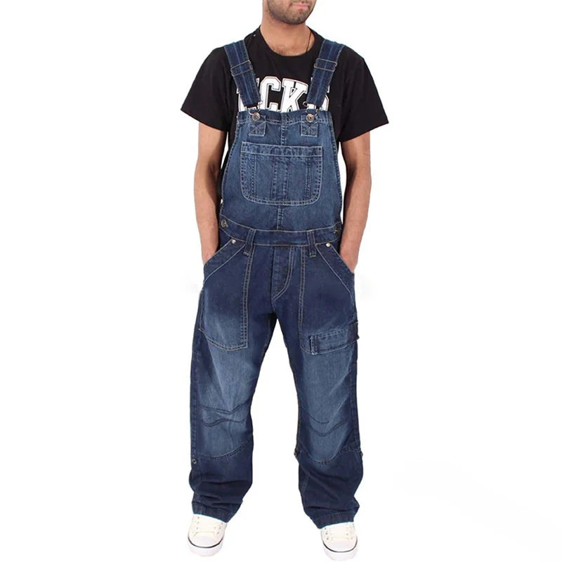 Men’s Baggy Denim Overalls Jumpsuit – Multi-Pocket Washed Suspenders