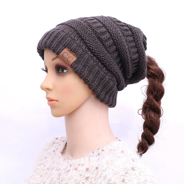 Cable Knit Ponytail Beanie-HighTouch