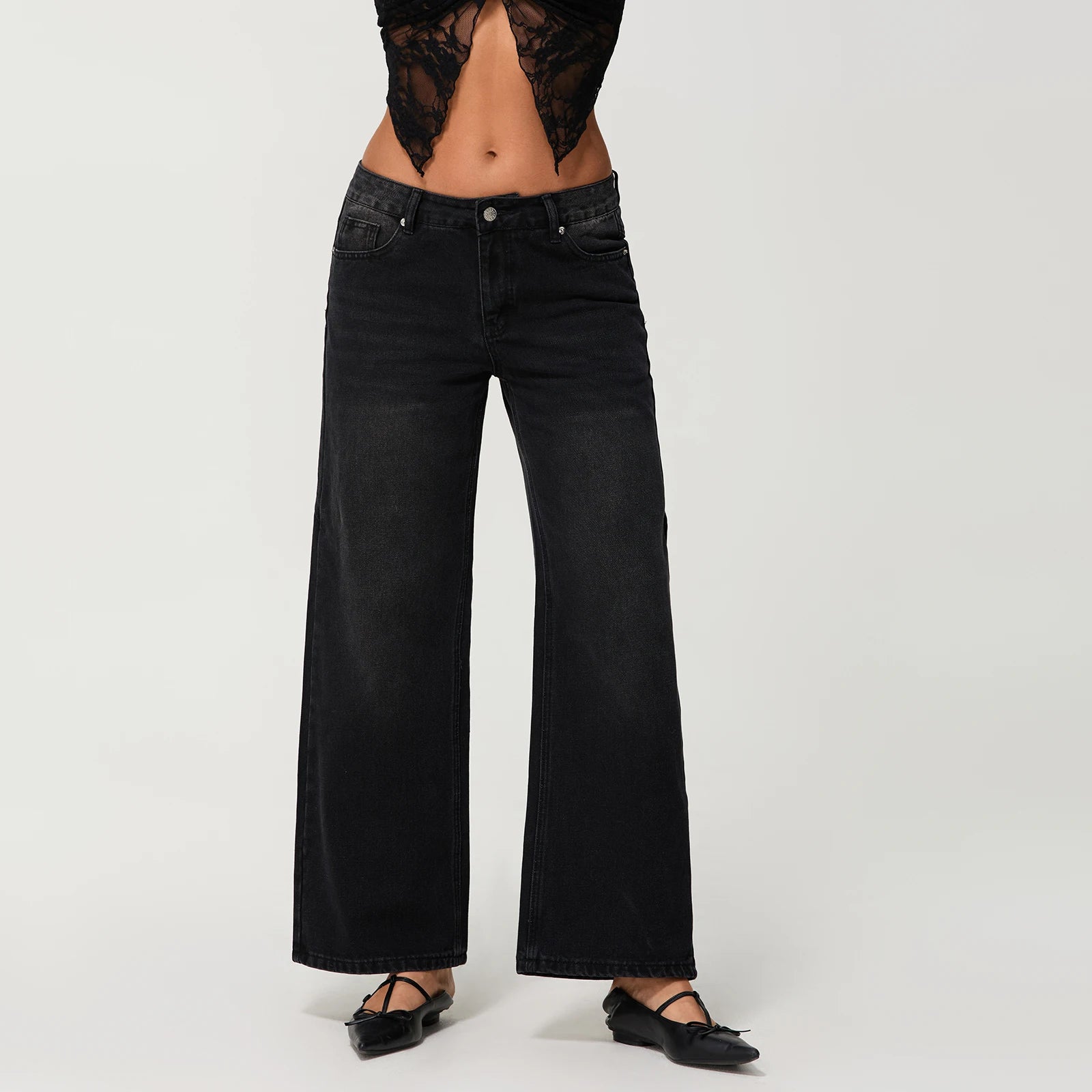 Women’s Low-Rise Wide-Leg Loose Denim Jeans – Solid Colour Spring Style