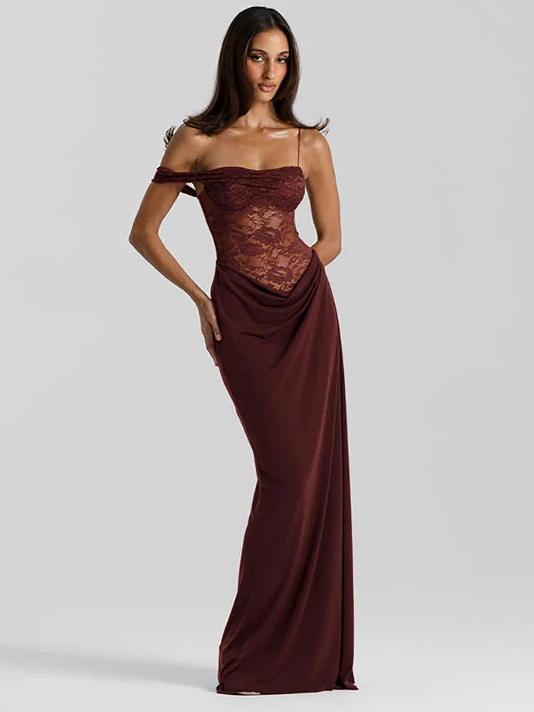 Women’s Lace Maxi Dress One Shoulder Elegant Party Dress-HighTouch