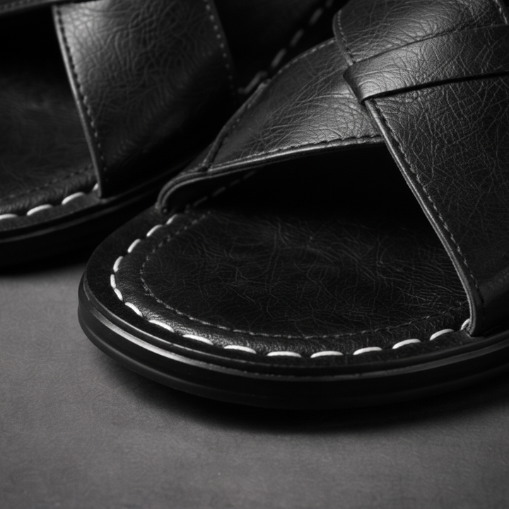 Women's Wide Strap Leather Sandals - Casual Open Toe Flat Slides