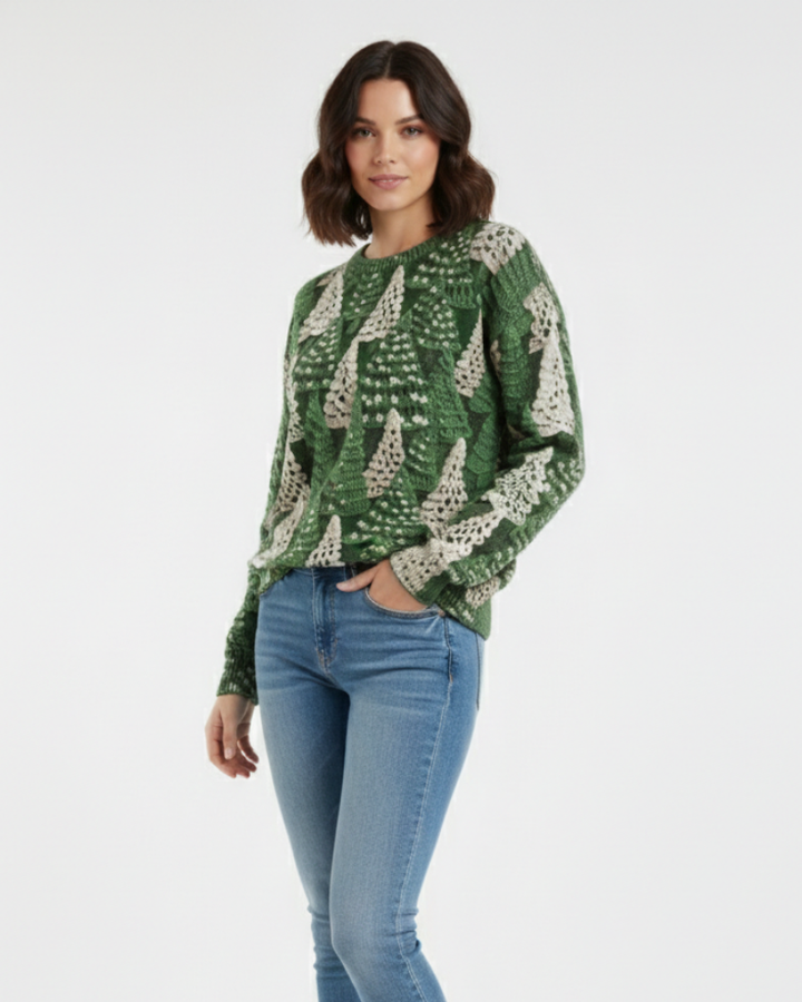 Women's Green Christmas Tree Crew Neck Sweater