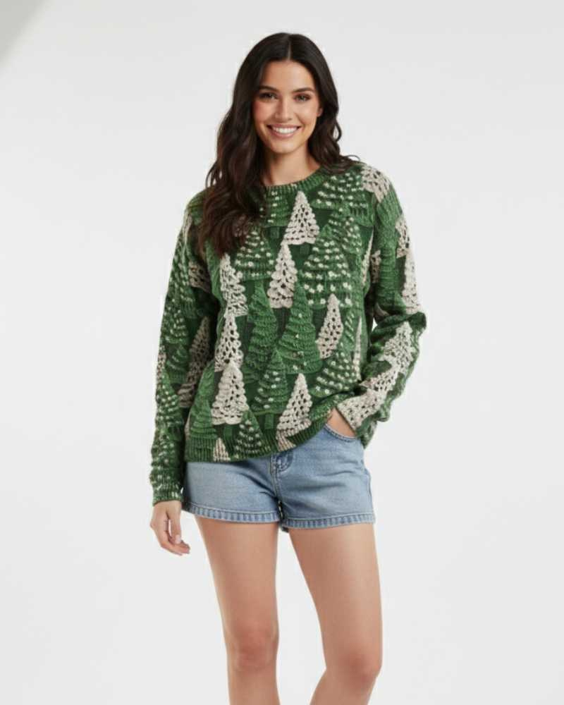 Women's Green Christmas Tree Crew Neck Sweater