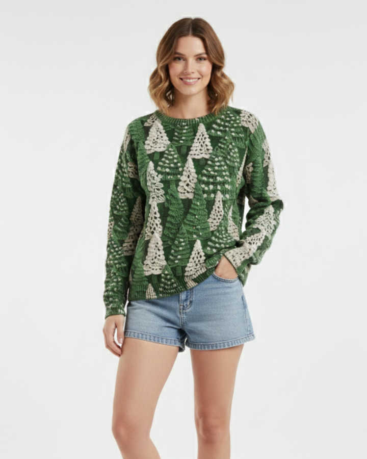Women's Green Christmas Tree Crew Neck Sweater
