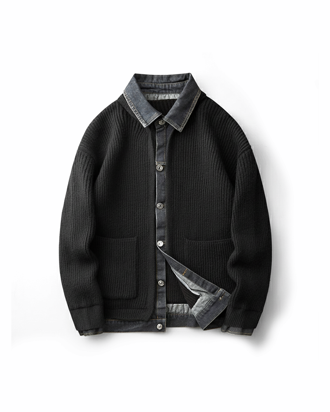 Men's Wool Knit Sweater with Denim Trim – Relaxed Fit