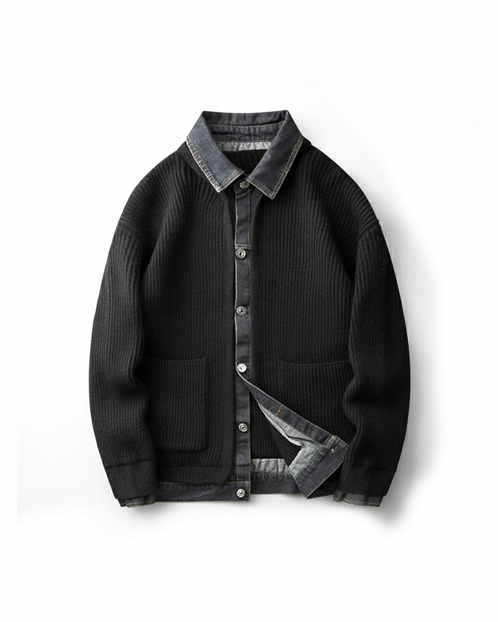 Men's Wool Knit Sweater with Denim Trim – Relaxed Fit