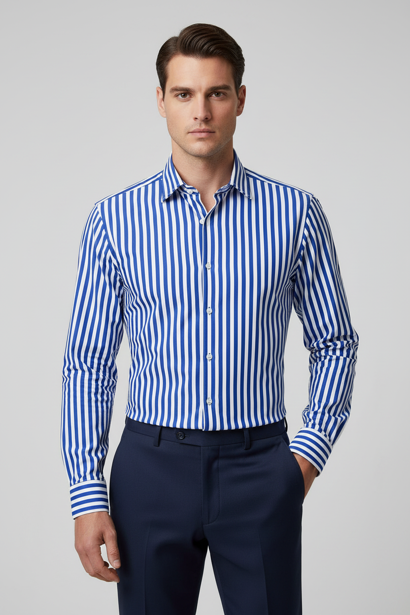 Folded blue and white striped shirt on a white background