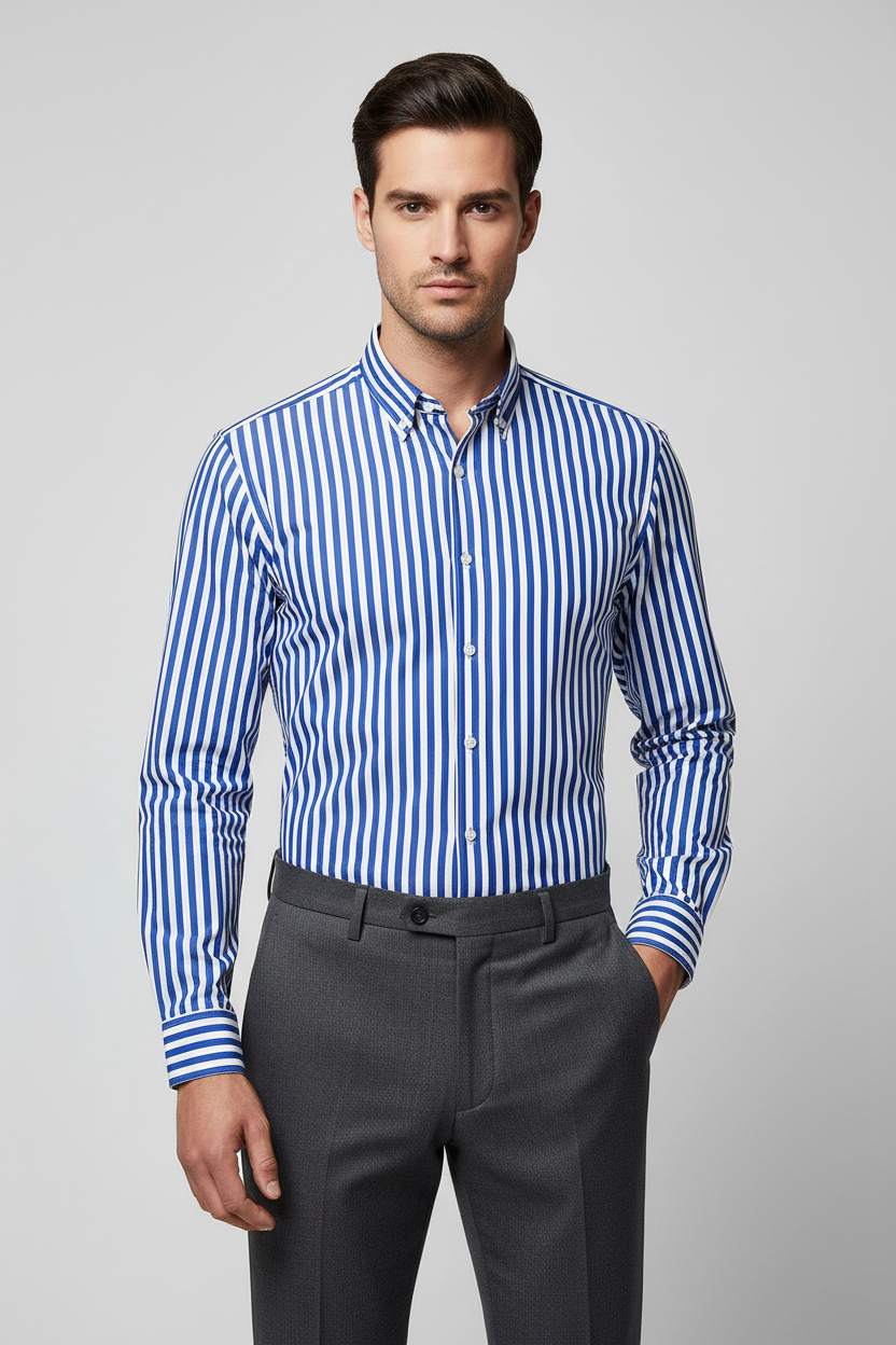 Folded blue and white striped shirt on a white background