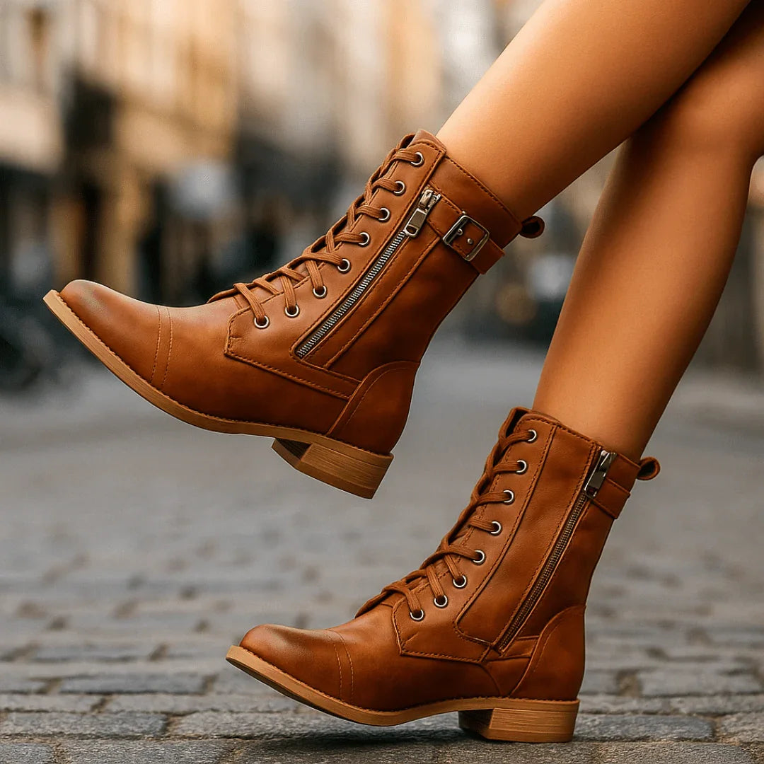Women's Mid-Calf Lace-Up Boots – Buckle & Zip