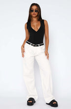 Women’s High-Waist White Stretch Straight Leg Jeans Casual Pants-HighTouch