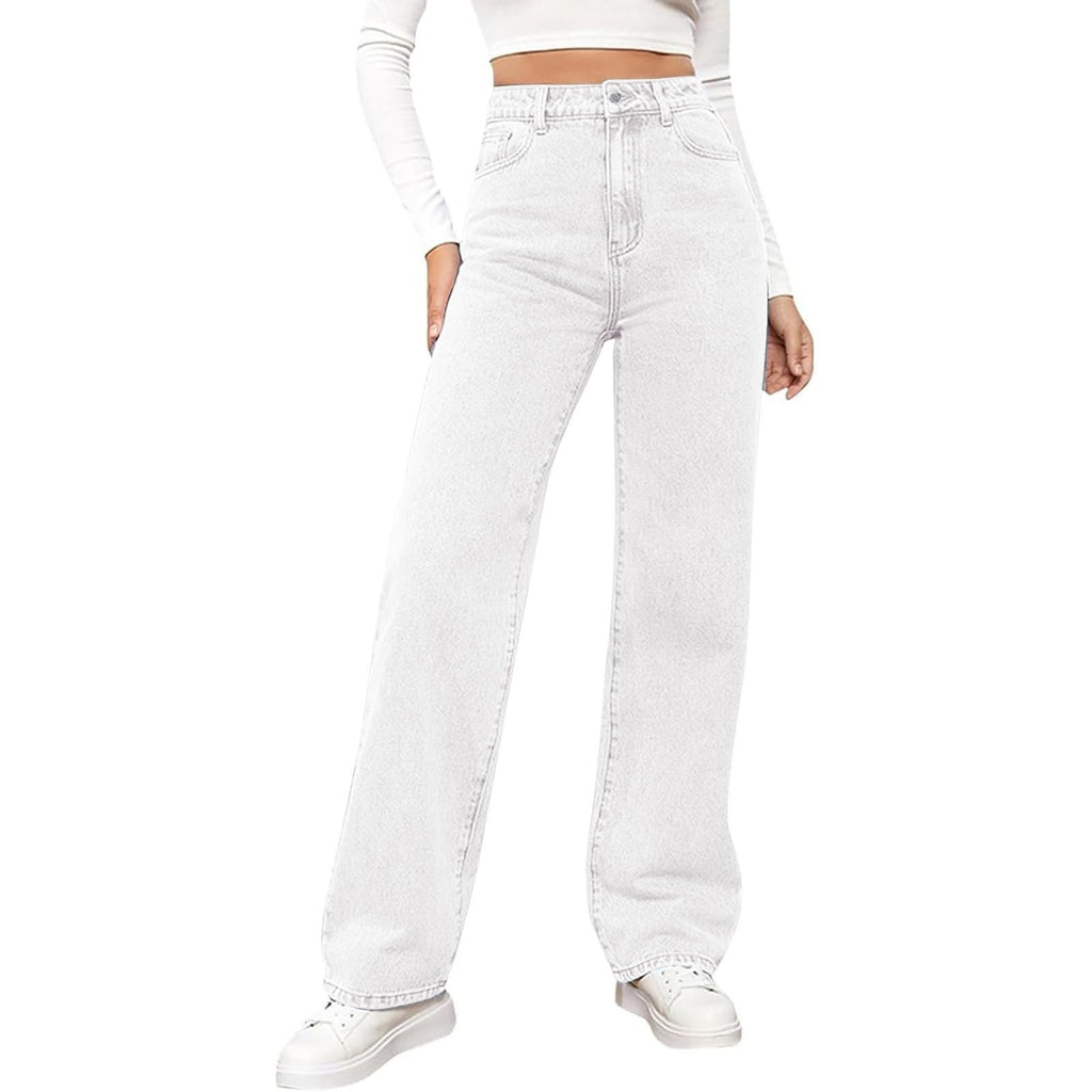 Women’s High-Waist White Stretch Straight Leg Jeans Casual Pants-HighTouch