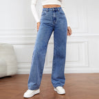 Women’s High-Waist White Stretch Straight Leg Jeans Casual Pants-HighTouch