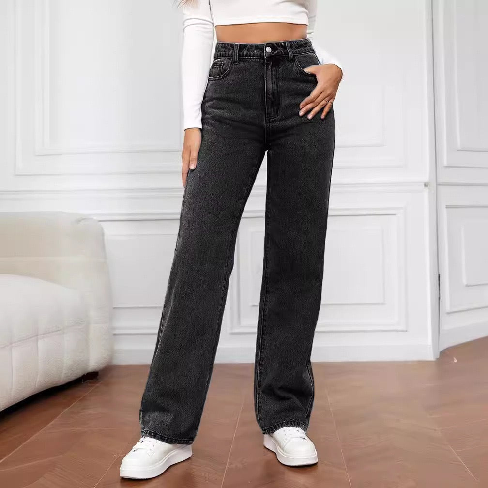 Women’s High-Waist White Stretch Straight Leg Jeans Casual Pants-HighTouch