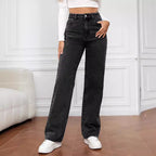 Women’s High-Waist White Stretch Straight Leg Jeans Casual Pants-HighTouch