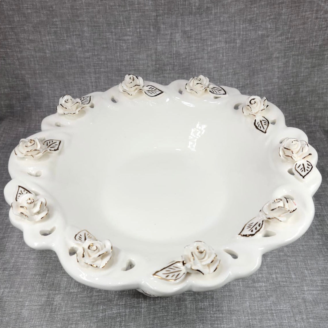 White Ceramic Fruit Bowl with Flower on Top/Bottom - HighTouch 
