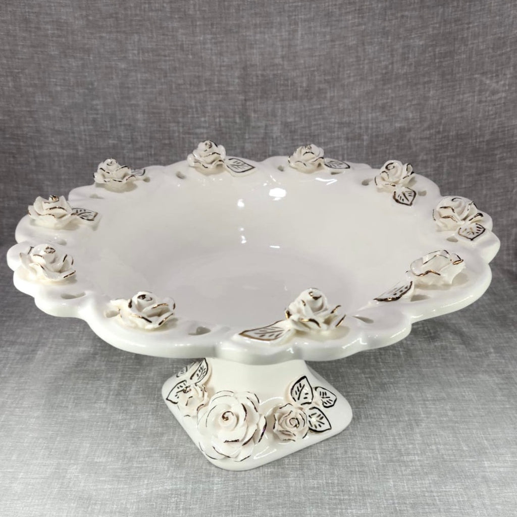 White Ceramic Fruit Bowl with Flower on Top/Bottom - HighTouch 