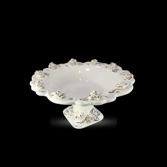 White Ceramic Fruit Bowl with Flower on Top/Bottom