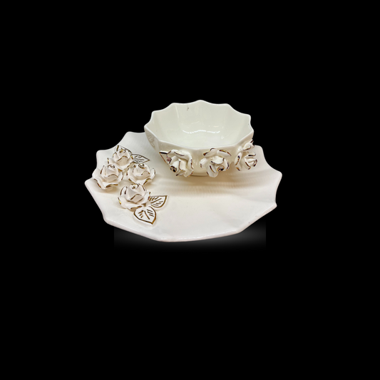 White Ceramic Flower Plate+Bowl