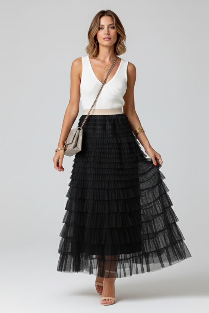Lily | Women’s Layered Tulle Midi Skirt with Elastic Waist