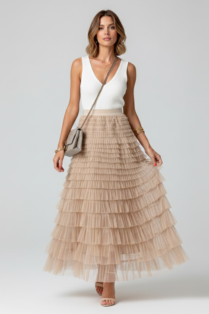 Lily | Women’s Layered Tulle Midi Skirt with Elastic Waist