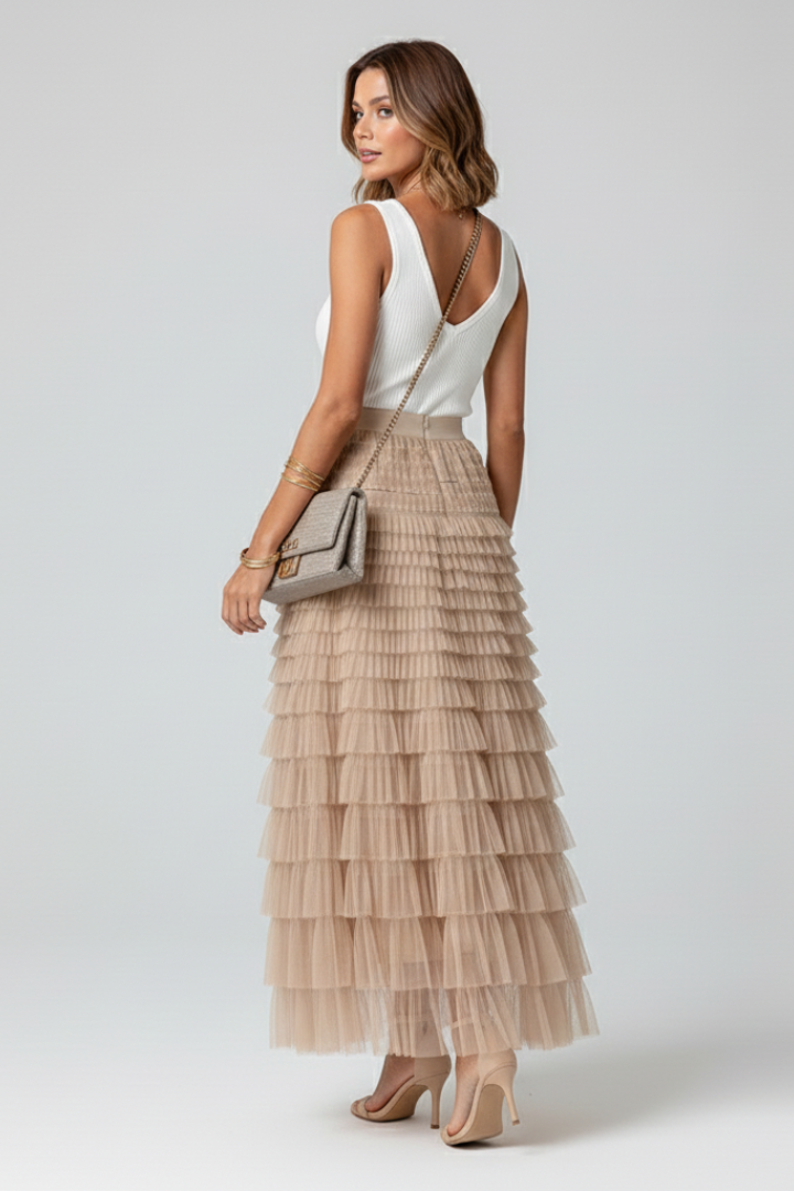 Lily | Women’s Layered Tulle Midi Skirt with Elastic Waist