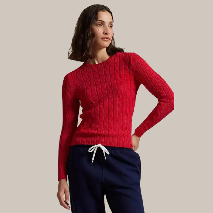 Women’s Cable-Knit Cotton Crewneck Sweater-HighTouch