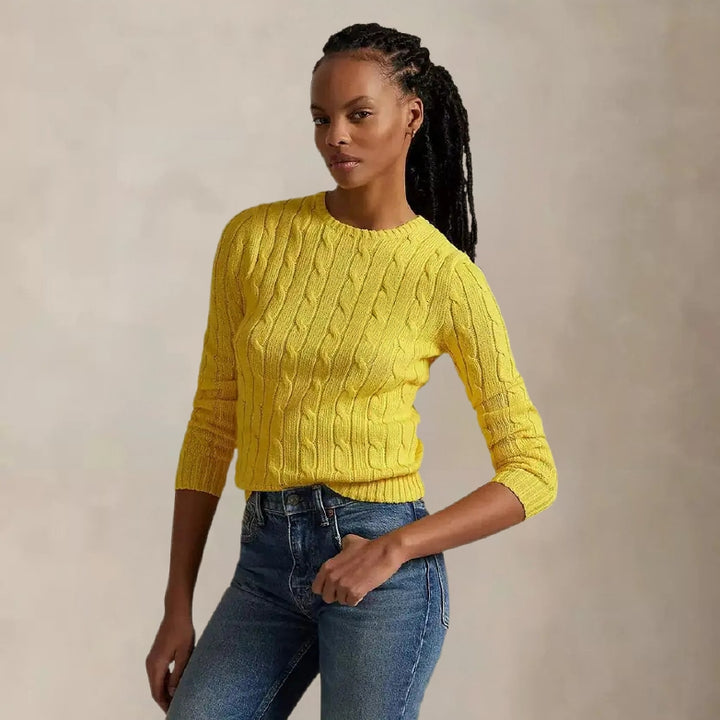 Women’s Cable-Knit Cotton Crewneck Sweater-HighTouch