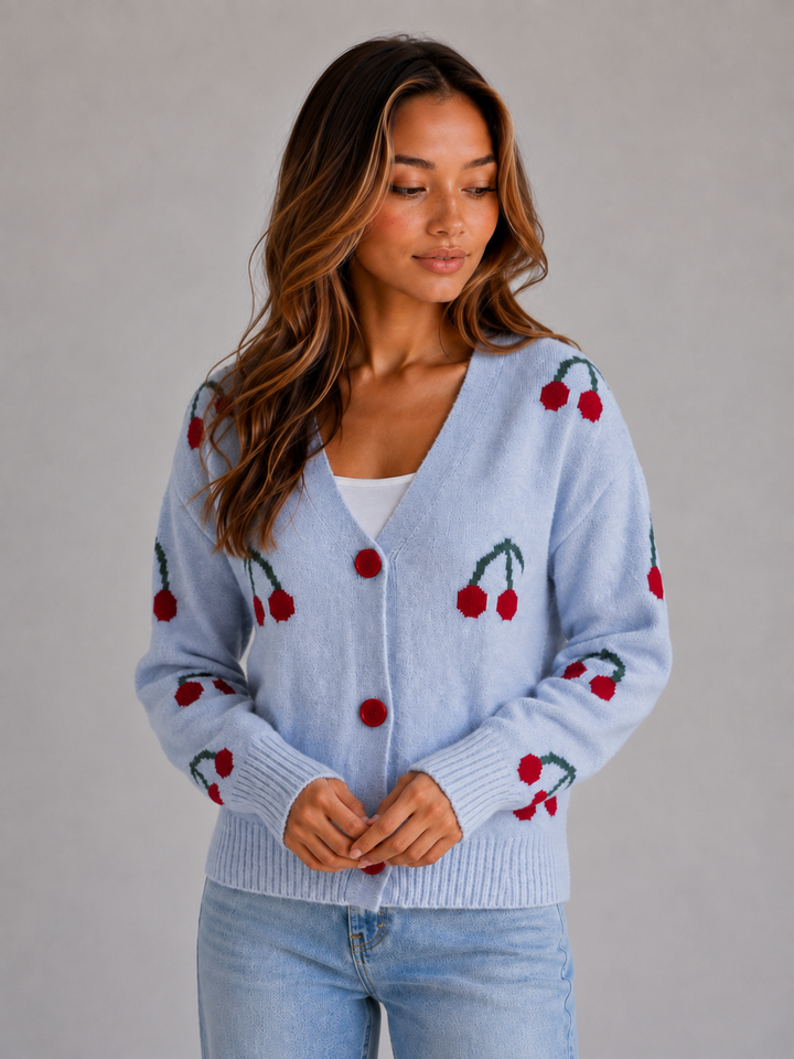 Ciglioso Cherry Embroidered Knit Cardigan – V-Neck Button Front Women Sweater Cropped Chunky Knit Cardigan