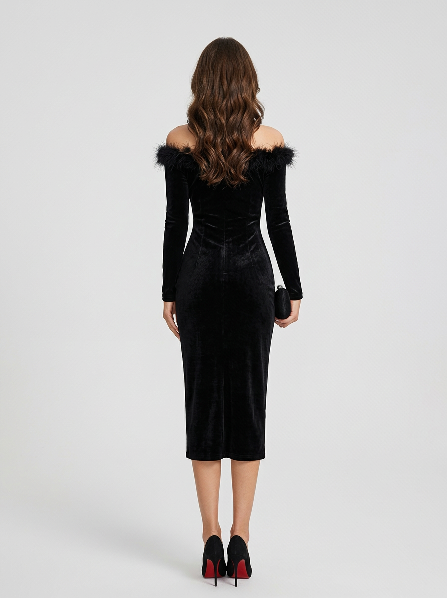 Women's Off Shoulder Midi Formal Dress With Sheer Illusion Neckline