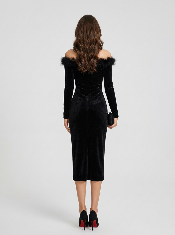 Women's Off Shoulder Midi Formal Dress With Sheer Illusion Neckline