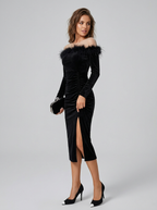 Women's Off Shoulder Midi Formal Dress With Sheer Illusion Neckline