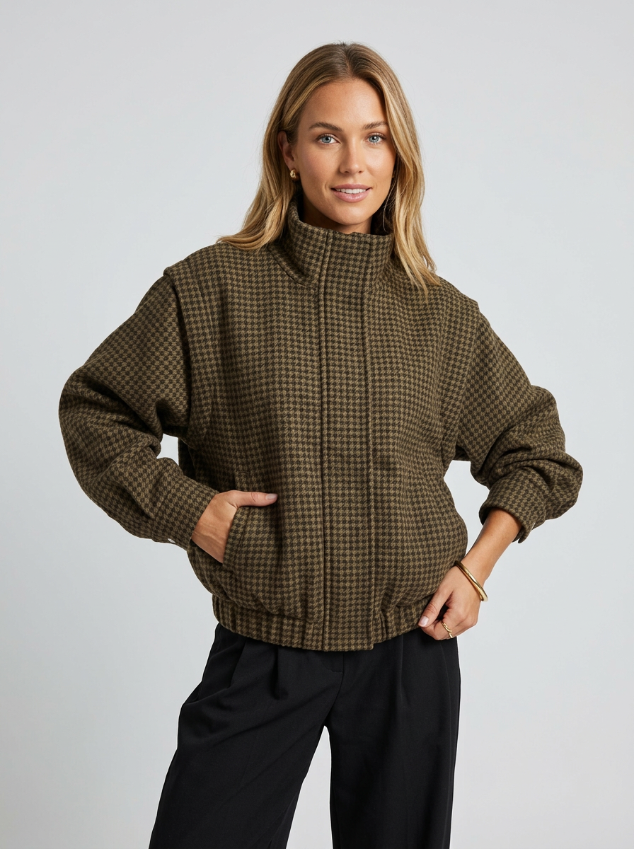 Women's Stand Collar Houndstooth Zip Up Jacket
