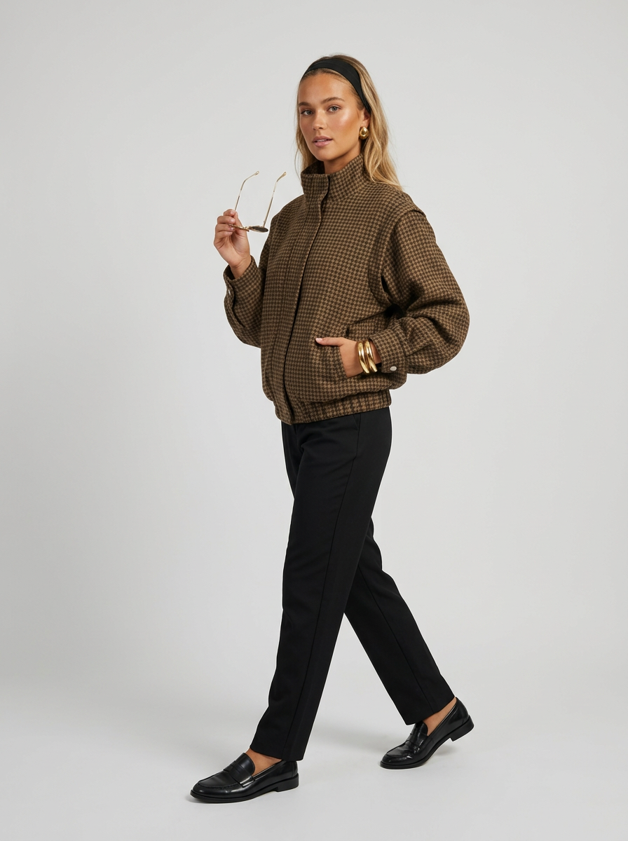 Women's Stand Collar Houndstooth Zip Up Jacket