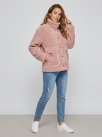 Women's Fluffy Boucle Button Up Winter Jacket With Oversized Patch Pockets