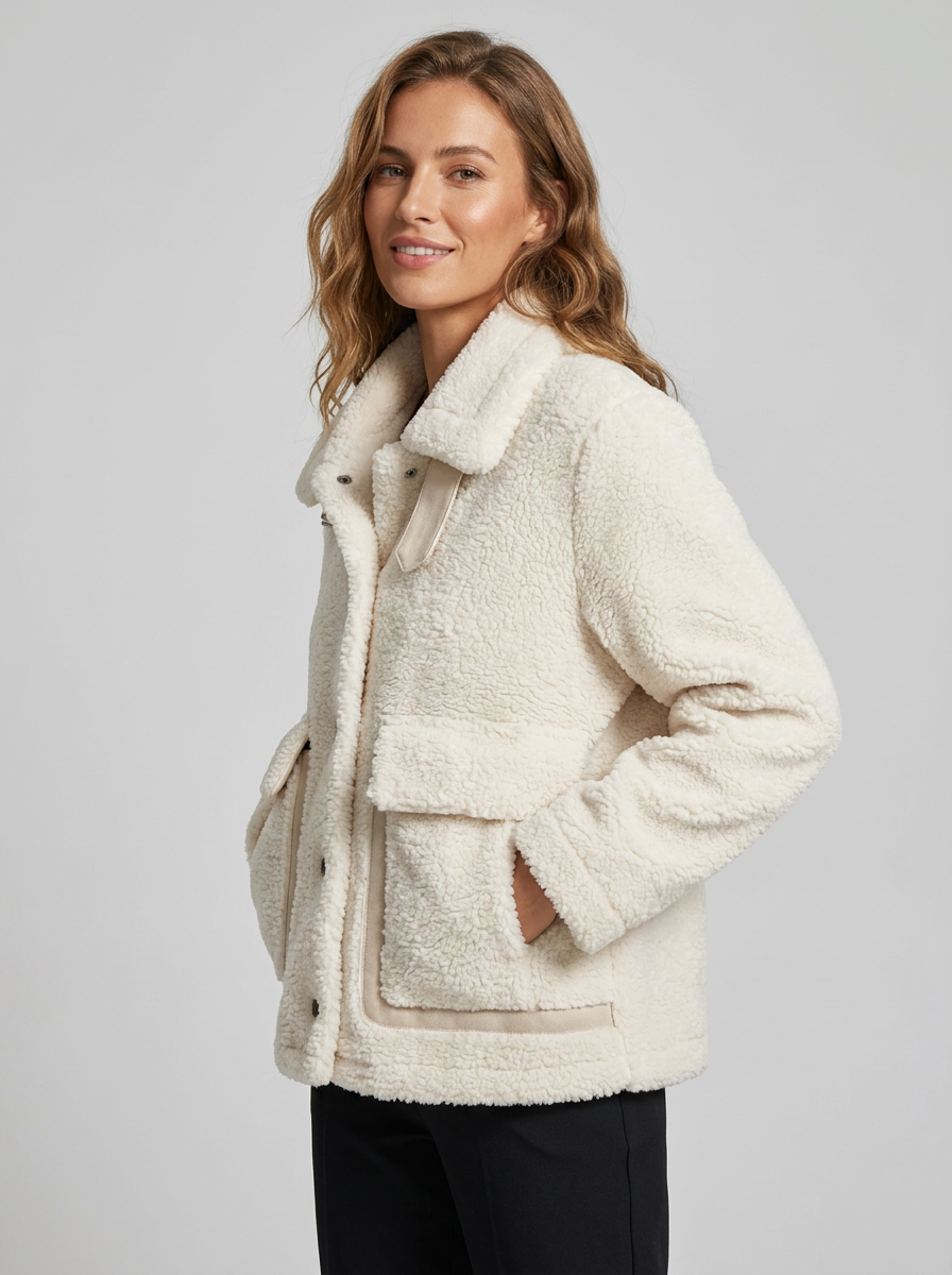 Women's Fluffy Boucle Button Up Winter Jacket With Oversized Patch Pockets