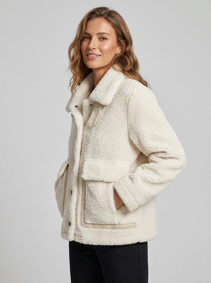 Women's Fluffy Boucle Button Up Winter Jacket With Oversized Patch Pockets