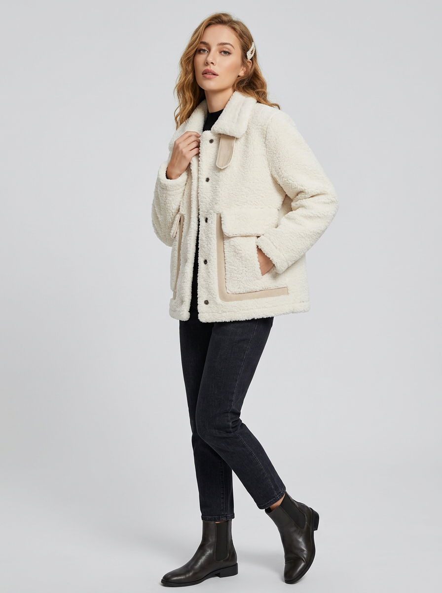 Women's Fluffy Boucle Button Up Winter Jacket With Oversized Patch Pockets