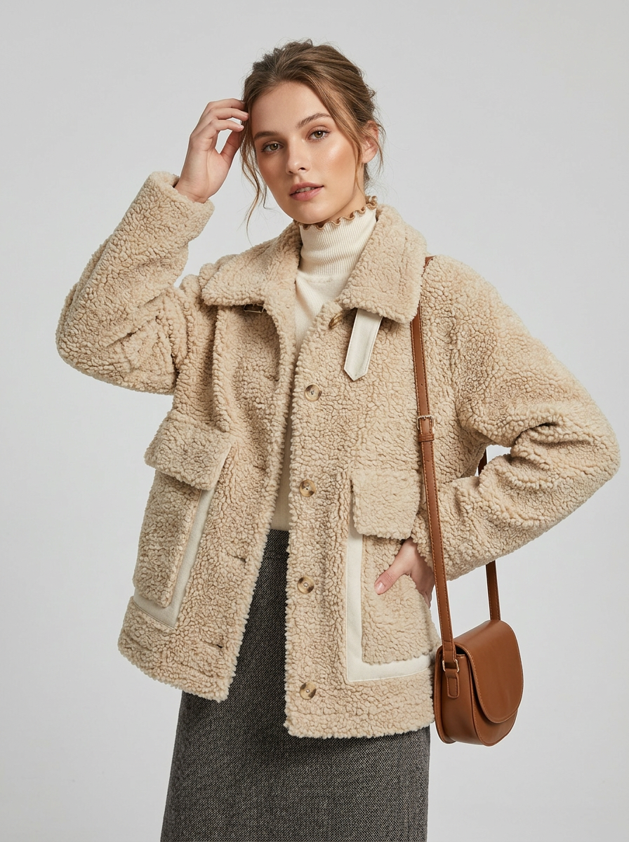 Women's Fluffy Boucle Button Up Winter Jacket With Oversized Patch Pockets