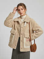 Women's Fluffy Boucle Button Up Winter Jacket With Oversized Patch Pockets