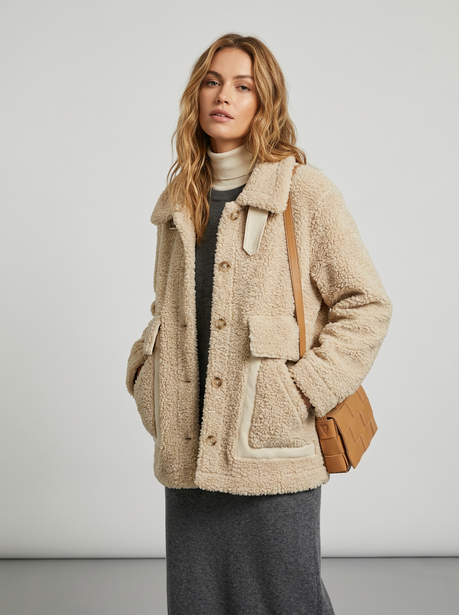 Women's Fluffy Boucle Button Up Winter Jacket With Oversized Patch Pockets