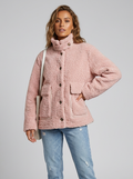 Women's Fluffy Boucle Button Up Winter Jacket With Oversized Patch Pockets