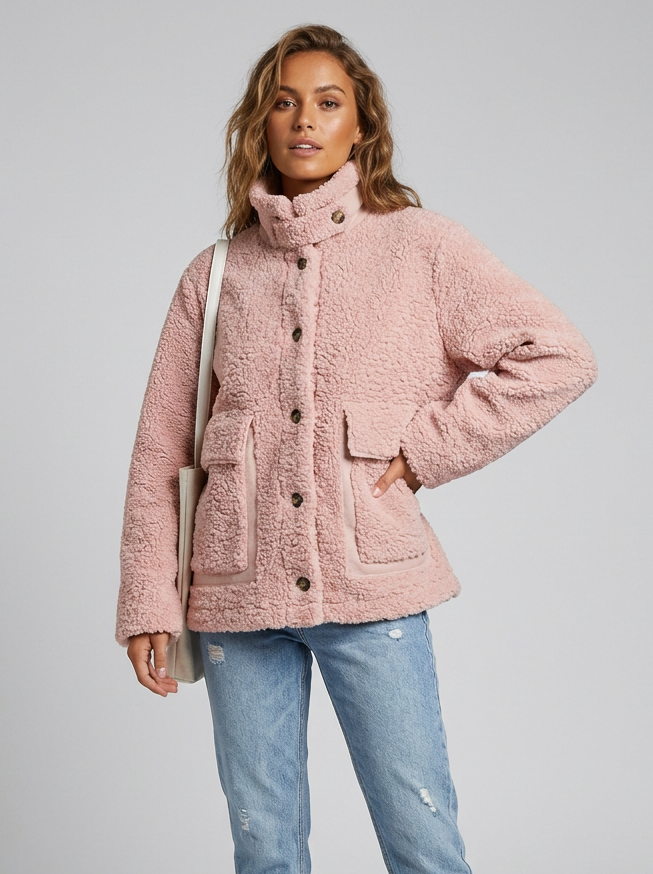 Women's Fluffy Boucle Button Up Winter Jacket With Oversized Patch Pockets