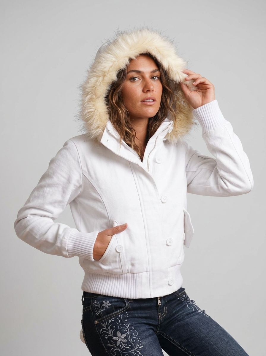 Women's Hooded Cropped Winter Jacket With Fluffy Trim Front Zip And Button Closure