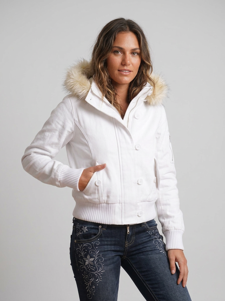 Women's Hooded Cropped Winter Jacket With Fluffy Trim Front Zip And Button Closure