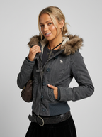 Women's Hooded Cropped Winter Jacket With Fluffy Trim Front Zip And Button Closure