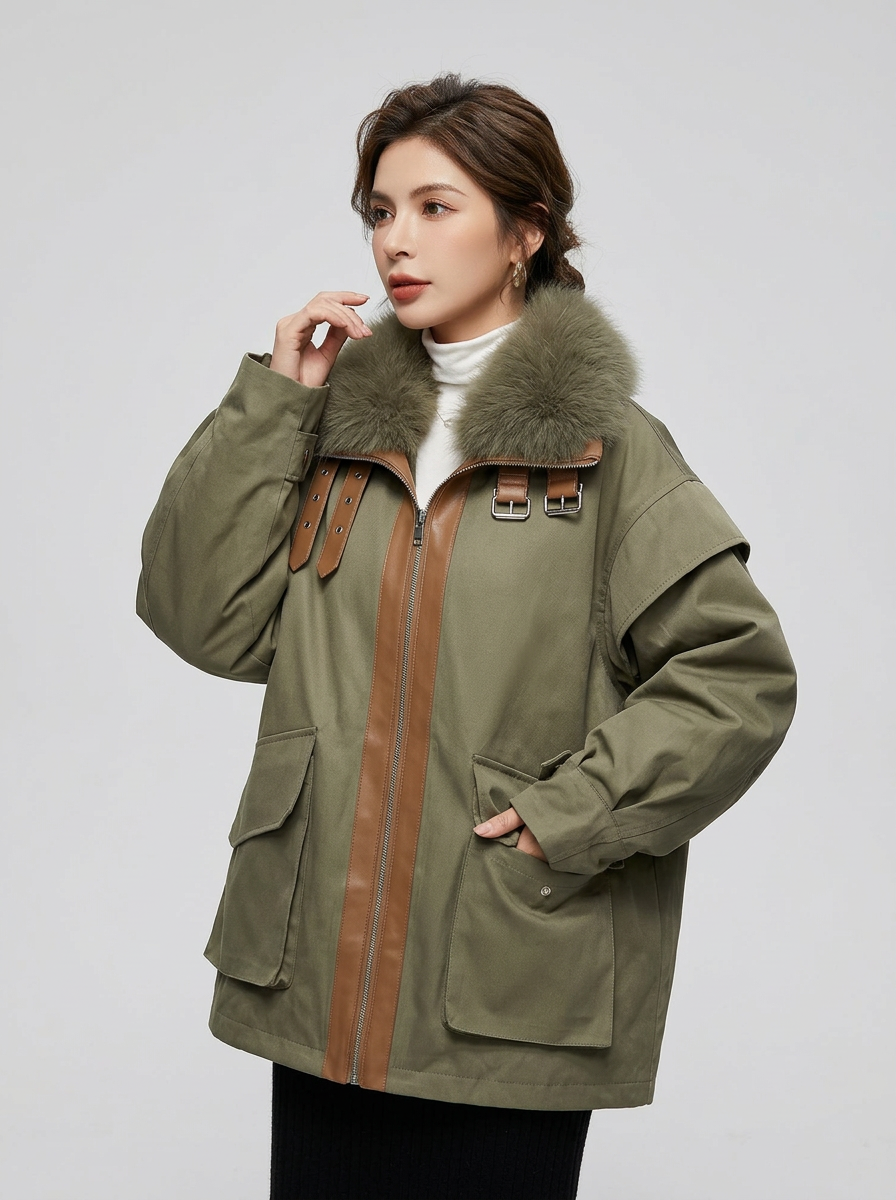 Womens Utility Oversized Winter Jacket With Detachable Fluffy