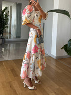 Ava - Elegant Square Neck Floral Print Midi Dress