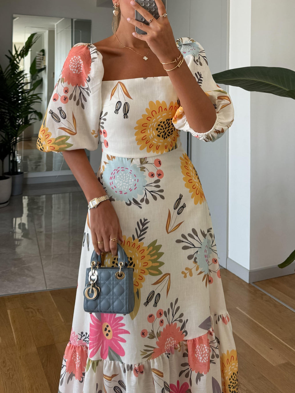Ava - Elegant Square Neck Floral Print Midi Dress