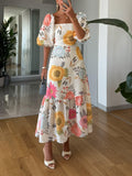 Ava - Elegant Square Neck Floral Print Midi Dress